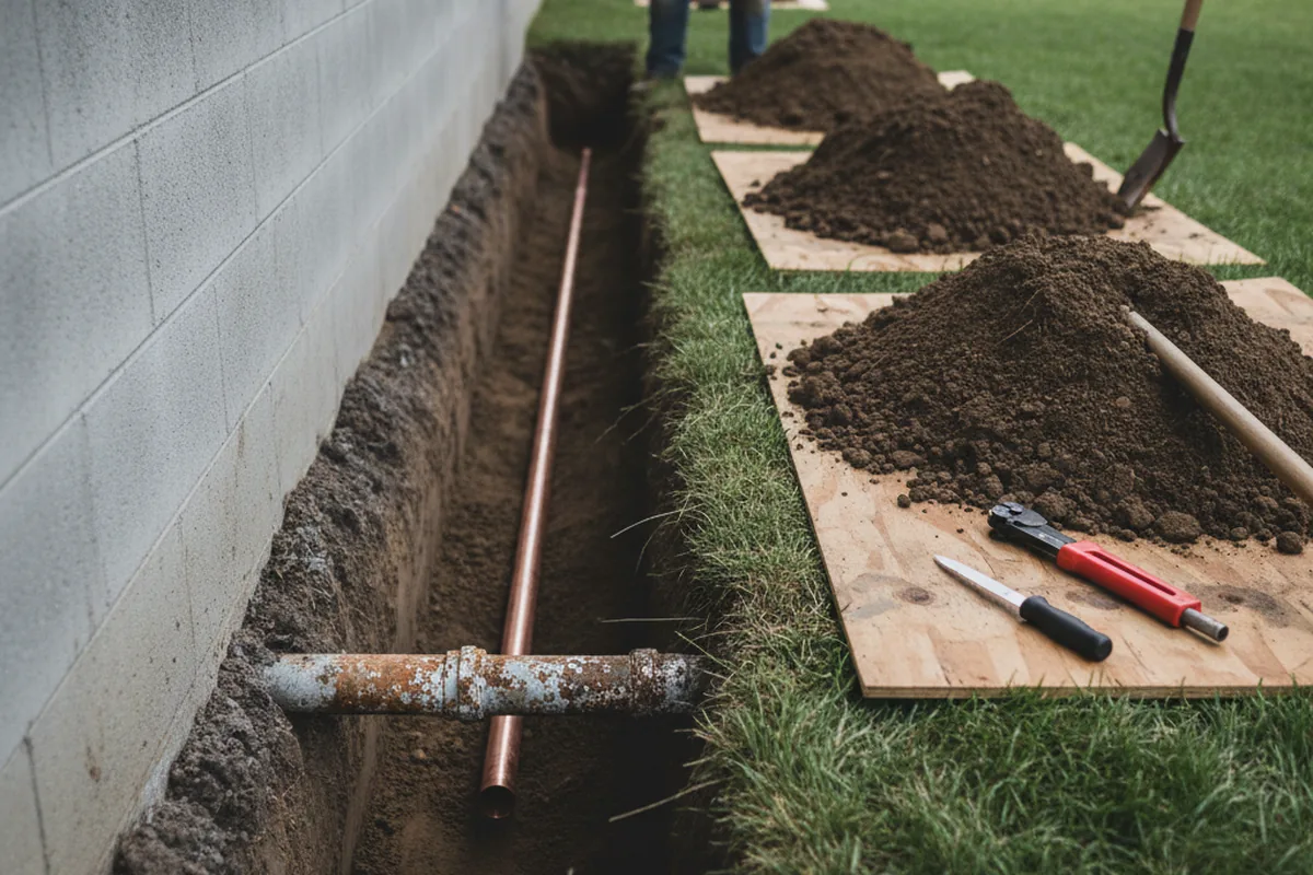 Excavated water line trench during Sewer Line Repair in Soda Springs